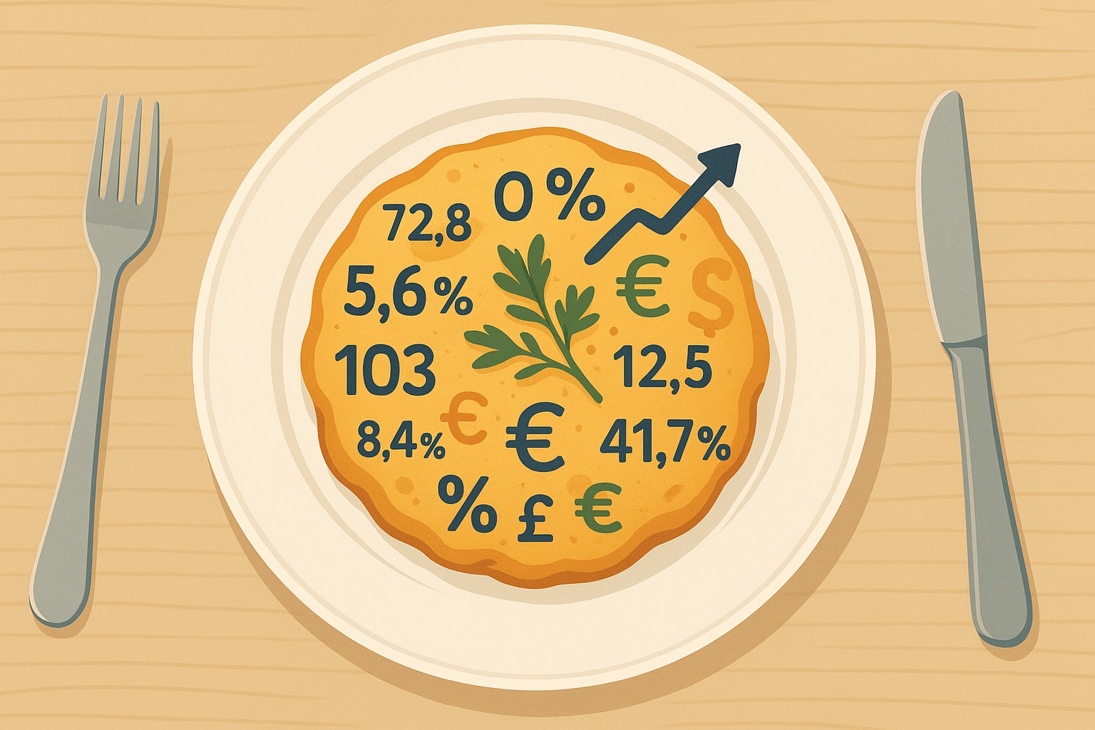 Un plato cocinado con números y símbolos de dinero.