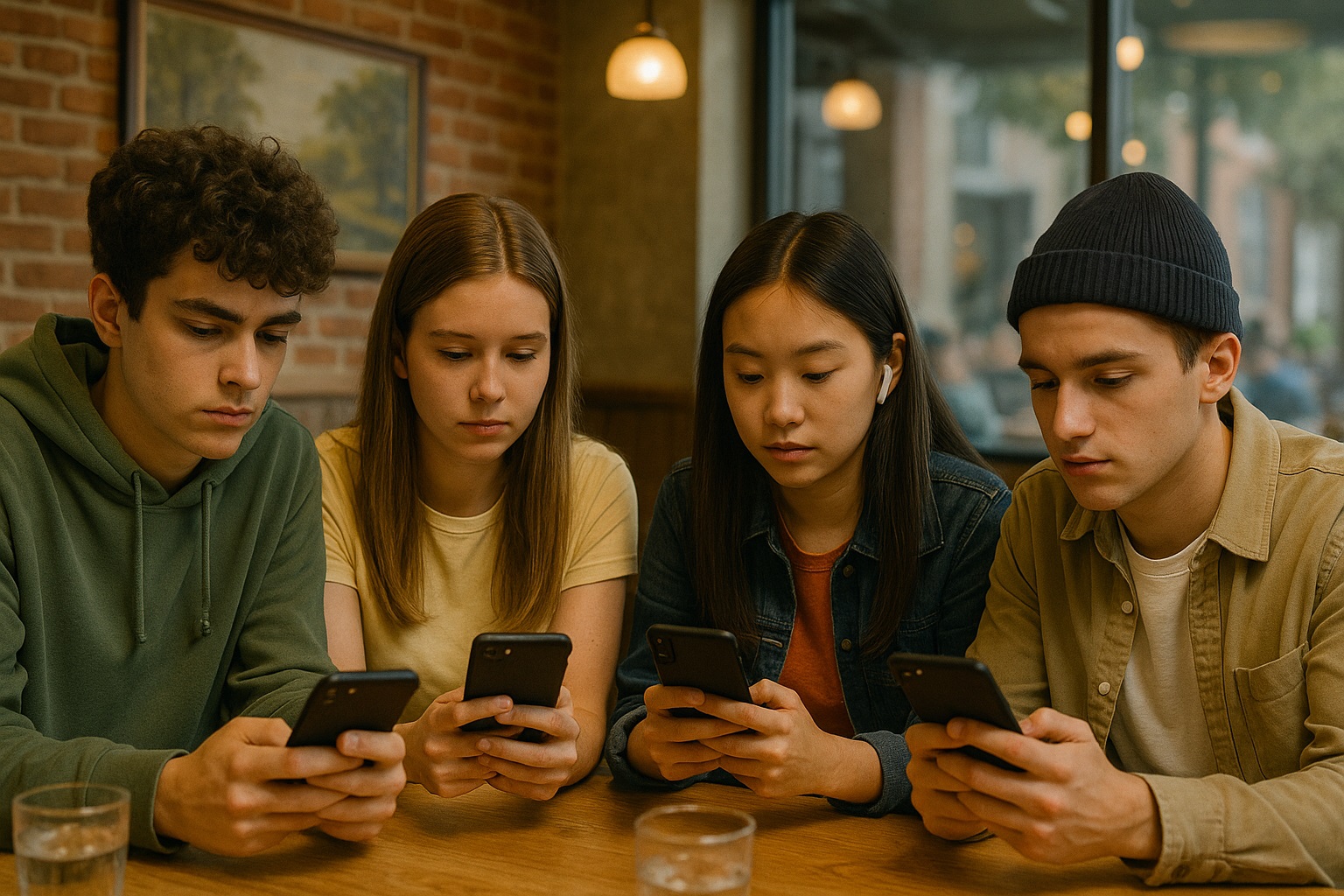 Un grupo de chavales de la generación Z miran sus móviles en un restaurante.