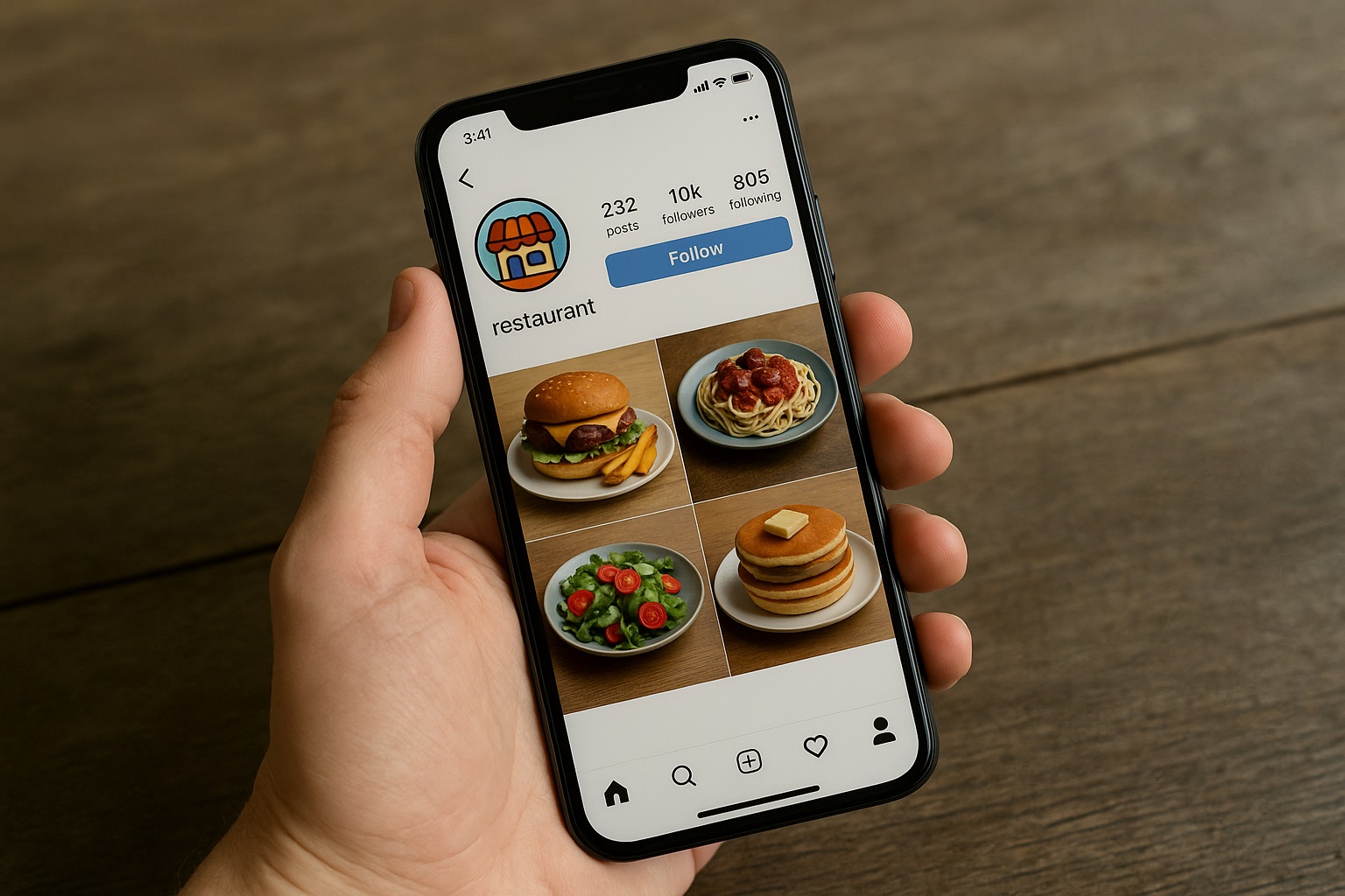 Una mano sujeta un móvil en el que se ve el Instagram de un restaurante.