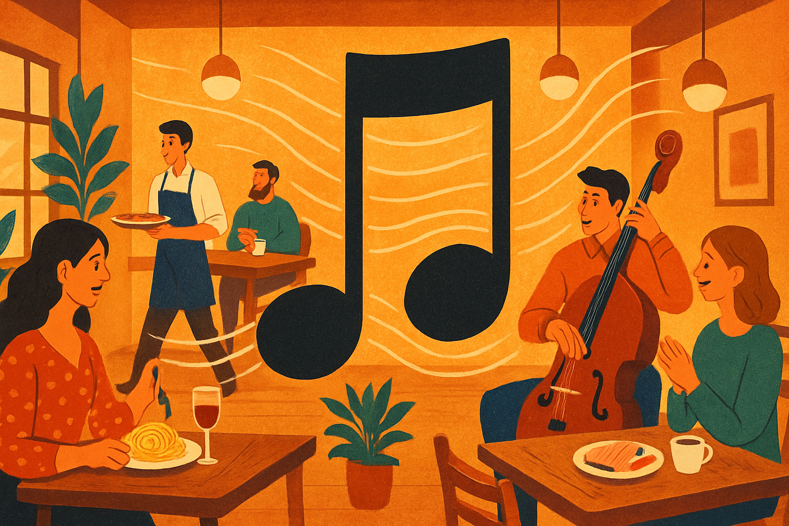 Suena música en el interior de un restaurante.